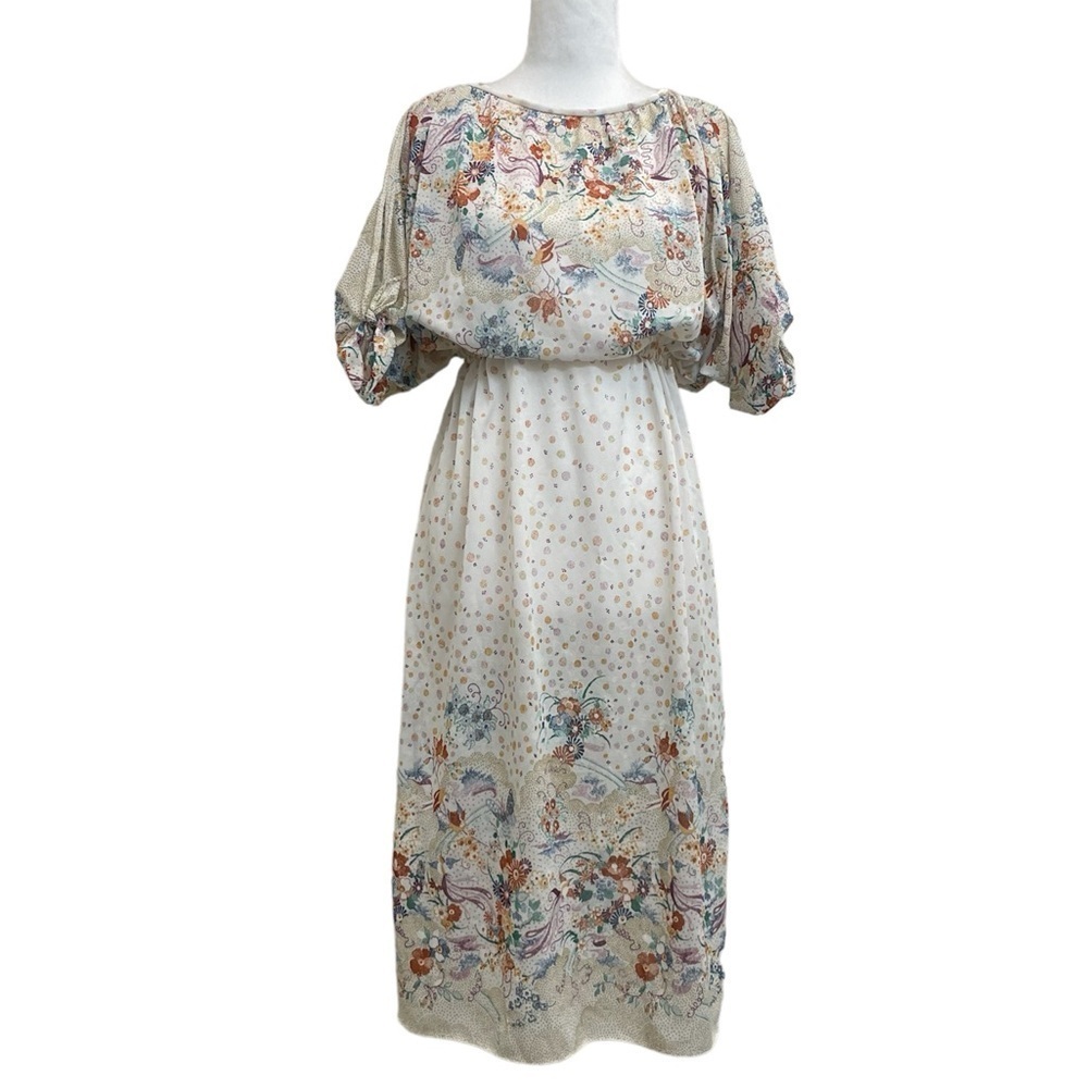 Rainbow of California Vintage Cream Floral Print Elastic Waist Midi Dress